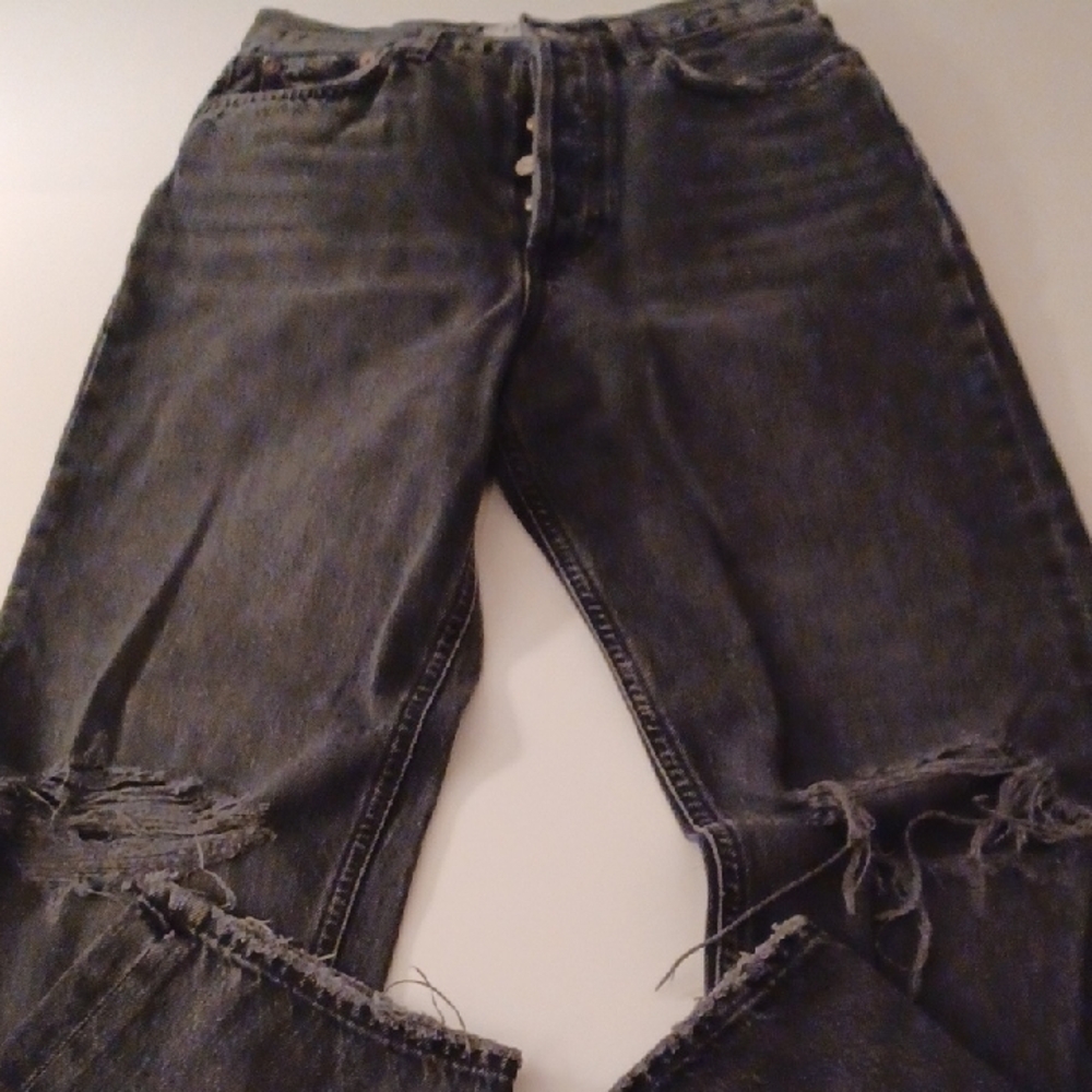 AGOLDE Black denim Button Fly Size 25 Distressed Raw hem Jeans 90 Pinch